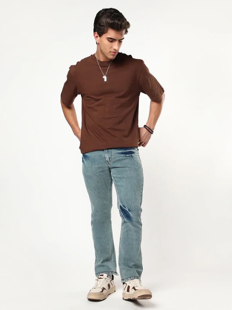 Men's Ice Blue Bootcut Fit Mid Rise Acid Wash Jeans Stretchable — photo 4