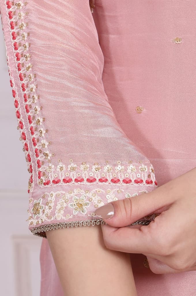 Pink Embroidered Straight Tissue Kurta with Culotte and Dupatta Set — photo 8