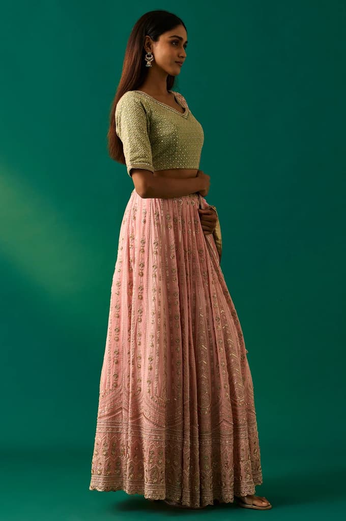 Green Embroidered Anarkali Blouse with Skirt and Dupatta Set — photo 5