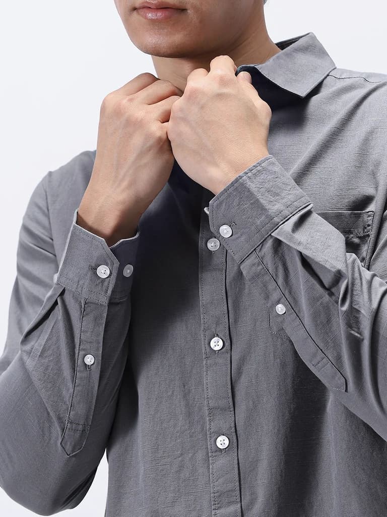 Men's Grey Cotton Full Sleeve Regular Fit Casual Solid Slub Shirt with Spread Collar — photo 6