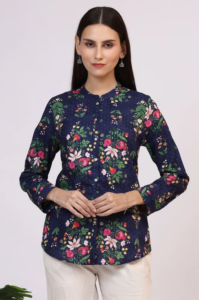 Navy Blue Floral Printed Pure Cotton Ethnic Shirt — photo 3