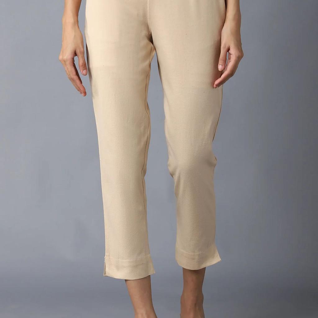 Beige Solid Straight Fit Cotton Trousers With Elasticated Waistband
