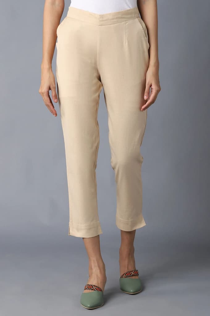 Beige Solid Straight Fit Cotton Trousers With Elasticated Waistband