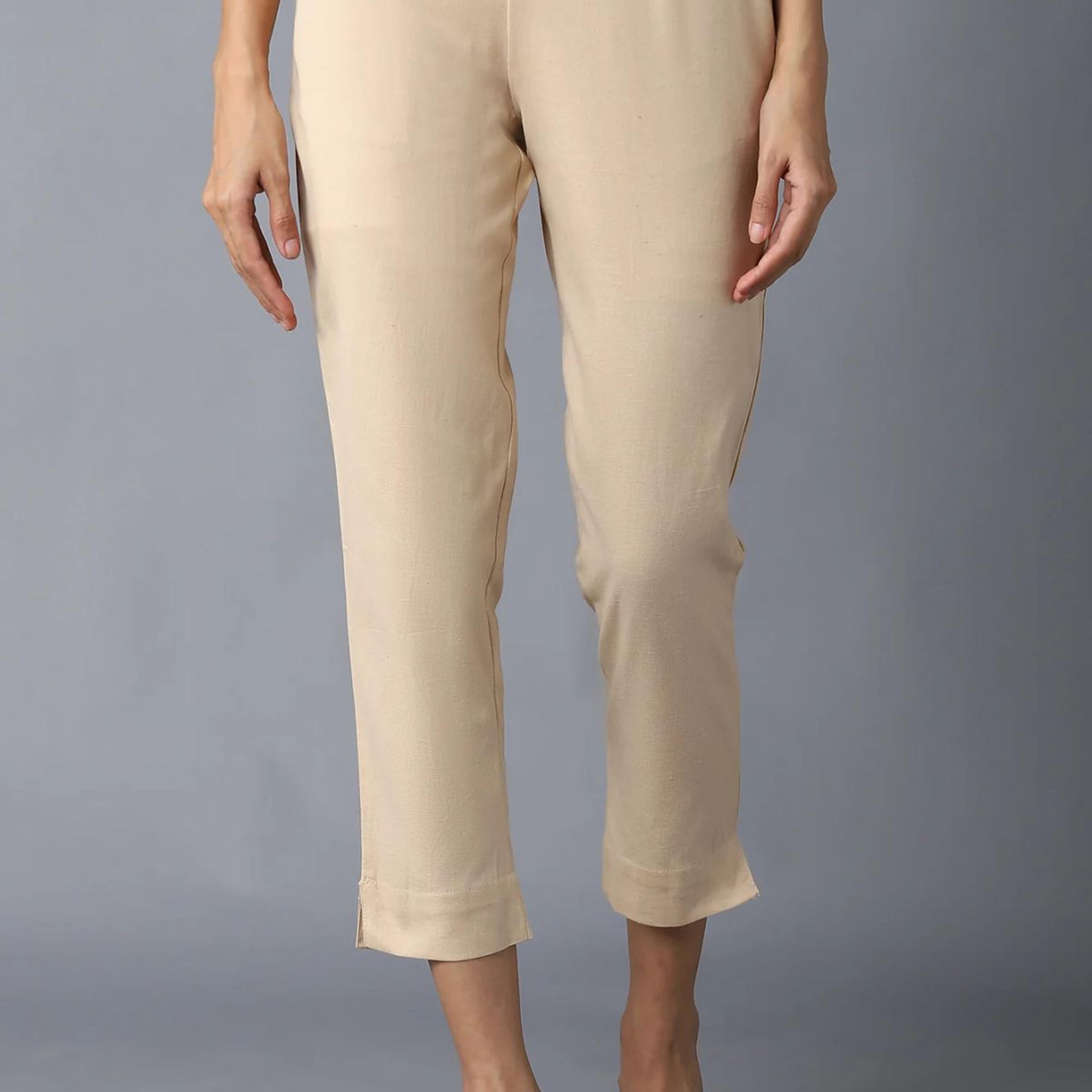 Beige Solid Straight Fit Cotton Trousers With Elasticated Waistband