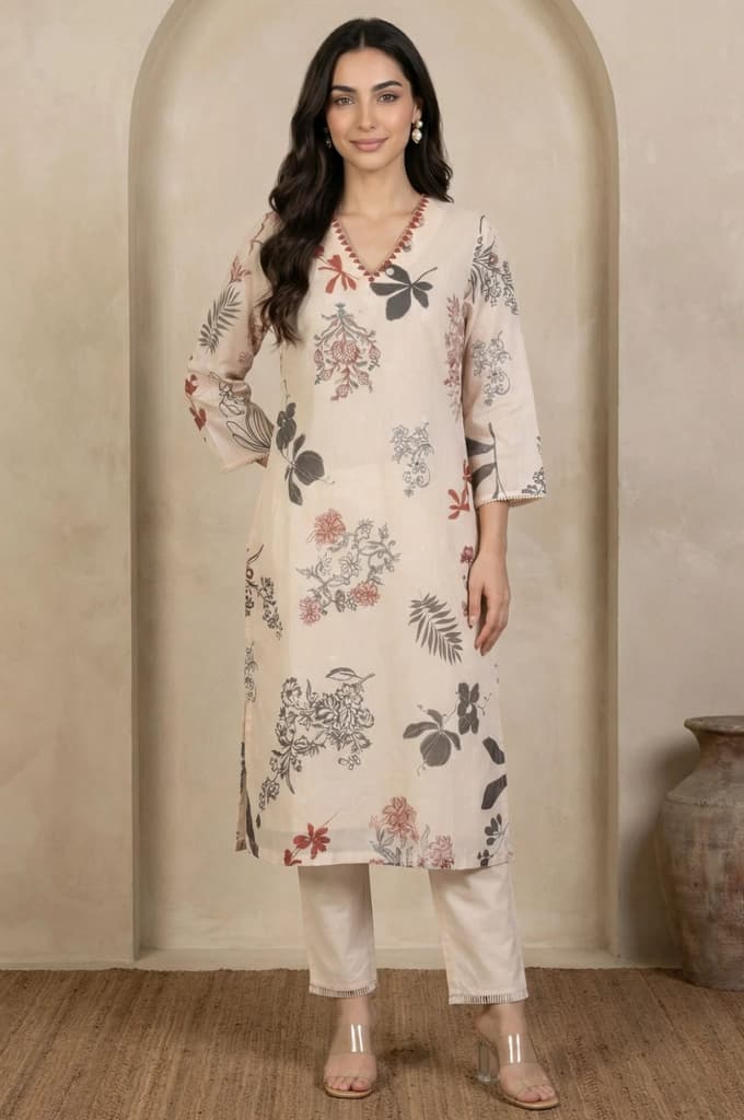 Cream Floral Printed Lace Chiffon Straight Kurta — XS