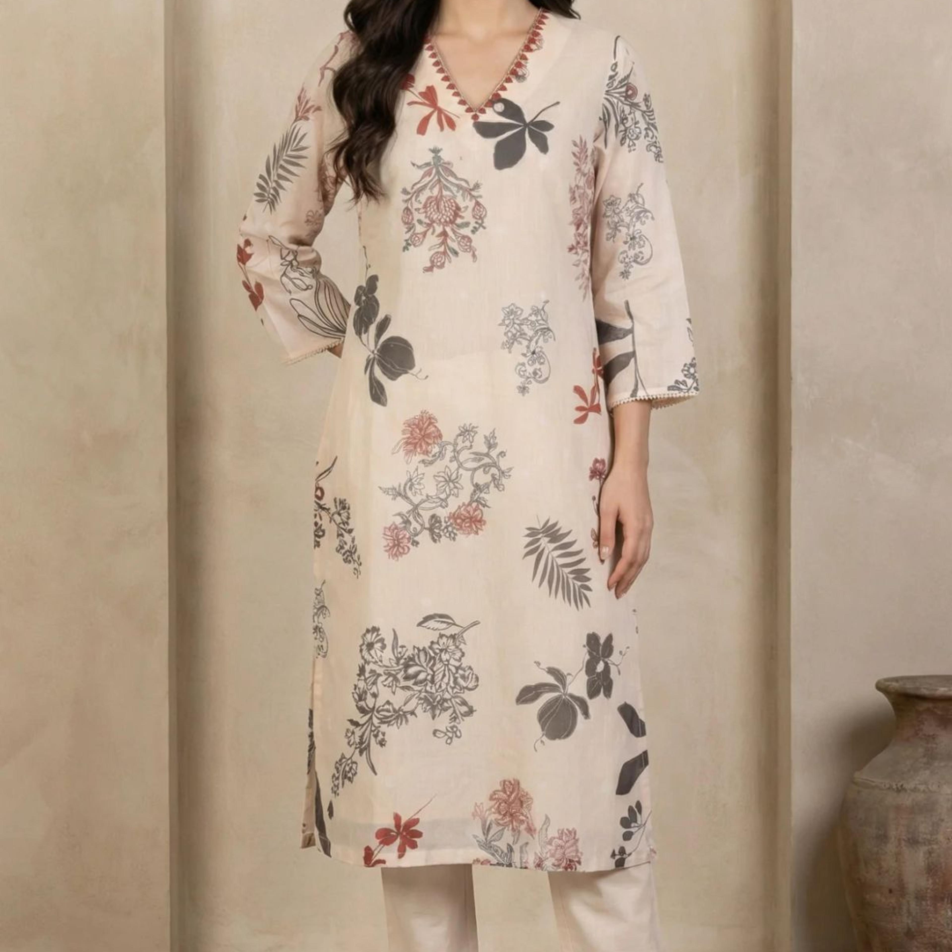 Cream Floral Printed Lace Chiffon Straight Kurta