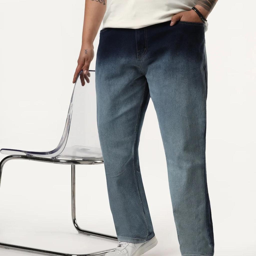 Plus Men's Dark Blue Straight Fit Heavy Washed Faded Denim Jeans Stretchable