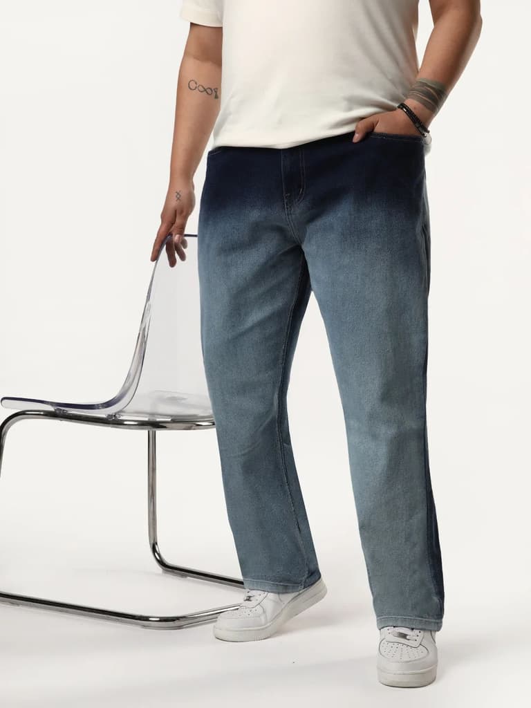 Plus Men's Dark Blue Straight Fit Heavy Washed Faded Denim Jeans Stretchable — 36 / Dark Blue