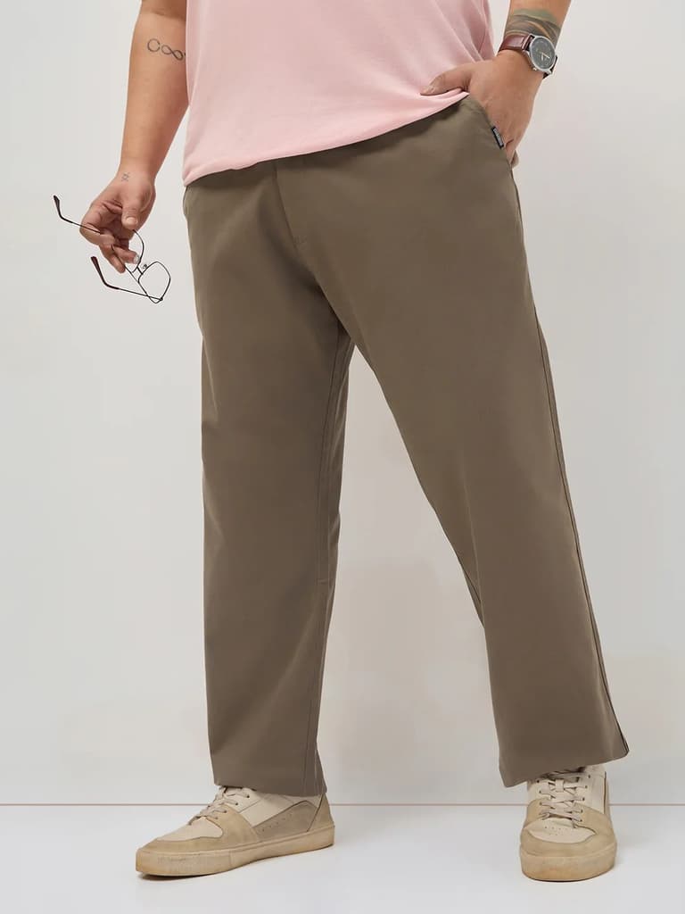 Plus Men's Dark Taupe Straight Fit Mid Rise Cotton Casual Chinos Trousers Stretch — 36 / Dark Taupe