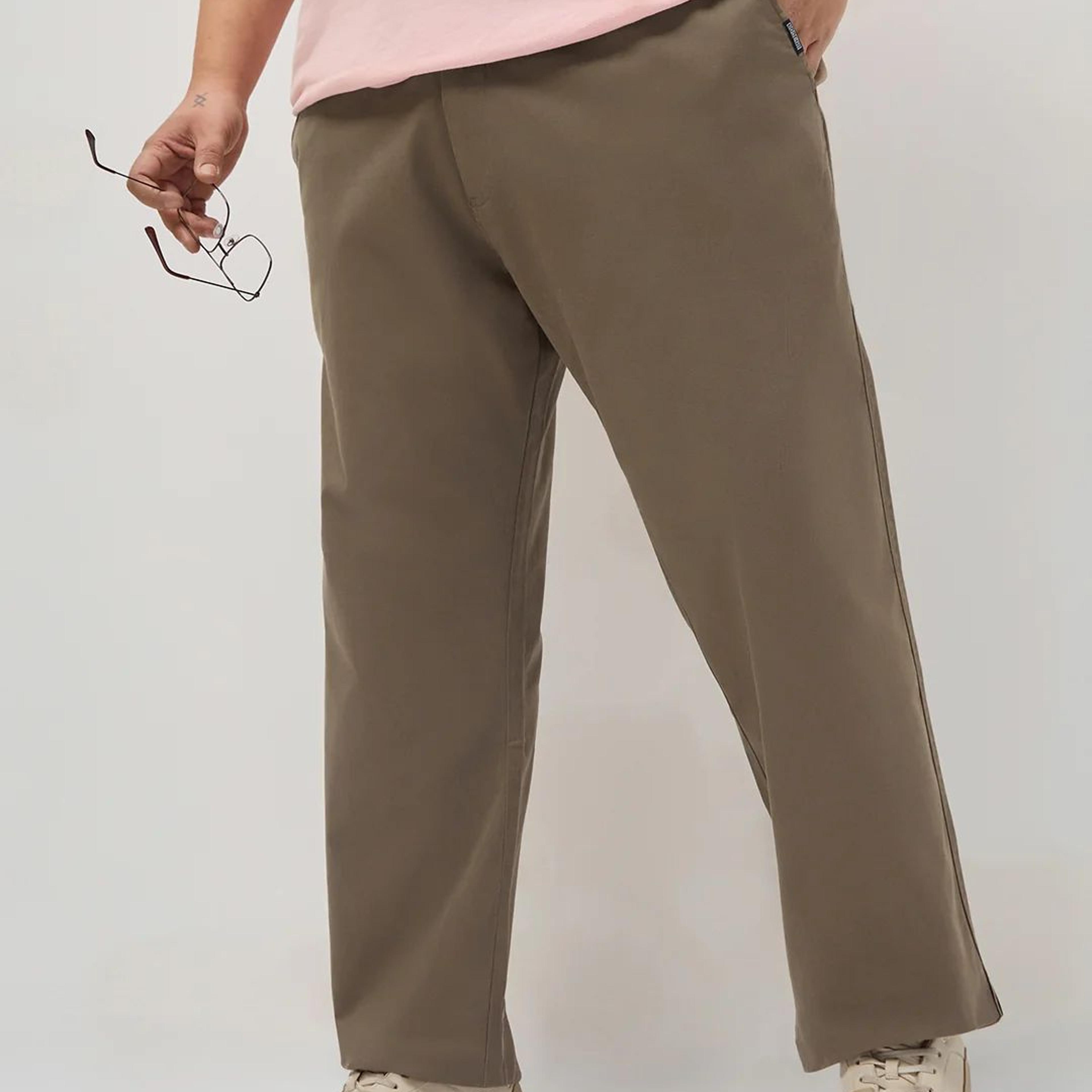 Plus Men's Dark Taupe Straight Fit Mid Rise Cotton Casual Chinos Trousers Stretch