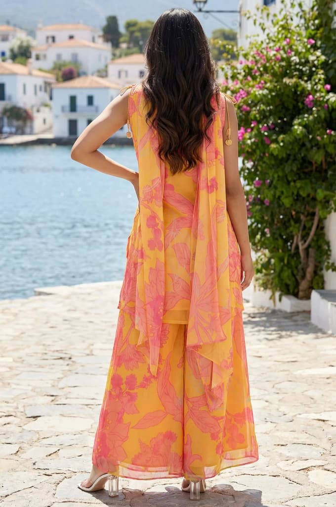 Yellow Floral Printed Tassels Straight Kurta with Flared Pants and Dupatta Set — photo 5
