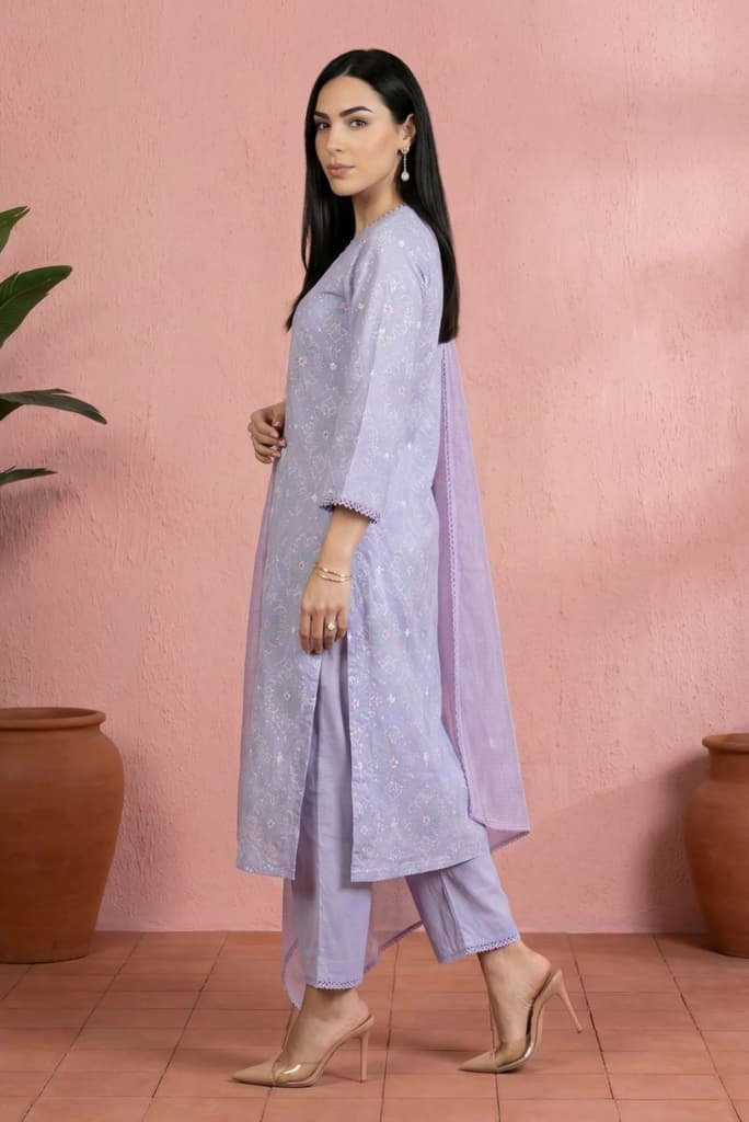 Lavender Thread Embroidered Pure Cotton Straight Kurta with Straight Pants and Dupatta Set — photo 4