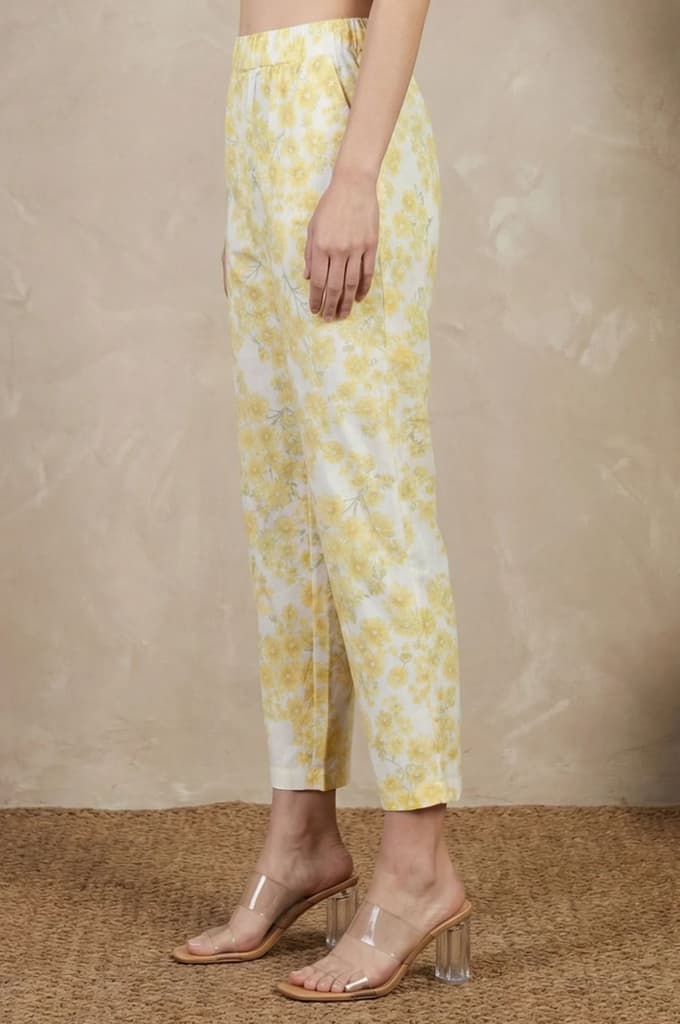 Yellow Floral Printed Pure Cotton Ankle Length Straight Pants — photo 2
