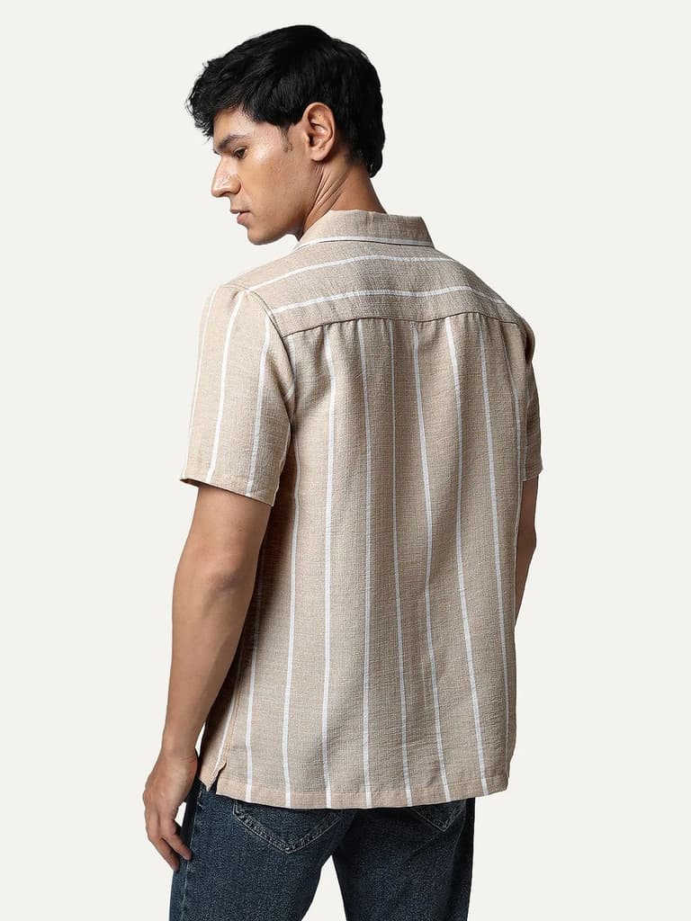 Men's Beige Cotton Half Sleeve Relaxed Fit Linen Striped Shirt with Cuban Collar — photo 4