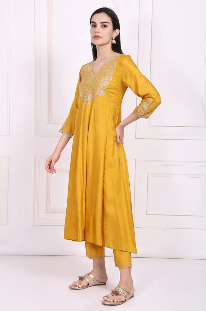 Yellow Embroidered Silk Flared Kurta, Straight Pants and Dupatta Set — photo 4