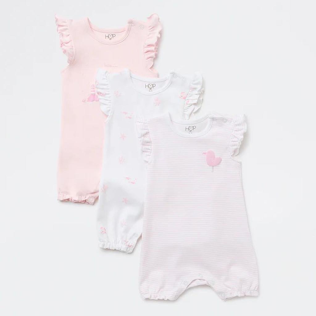 HOP Baby Girls Pink Printed Cotton Rompers - Pack of 3