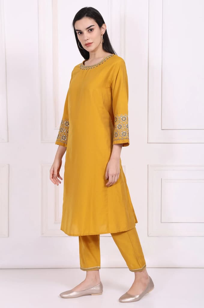 Yellow Embroidered A-Line Rayon Kurta with Straight Pant — photo 4