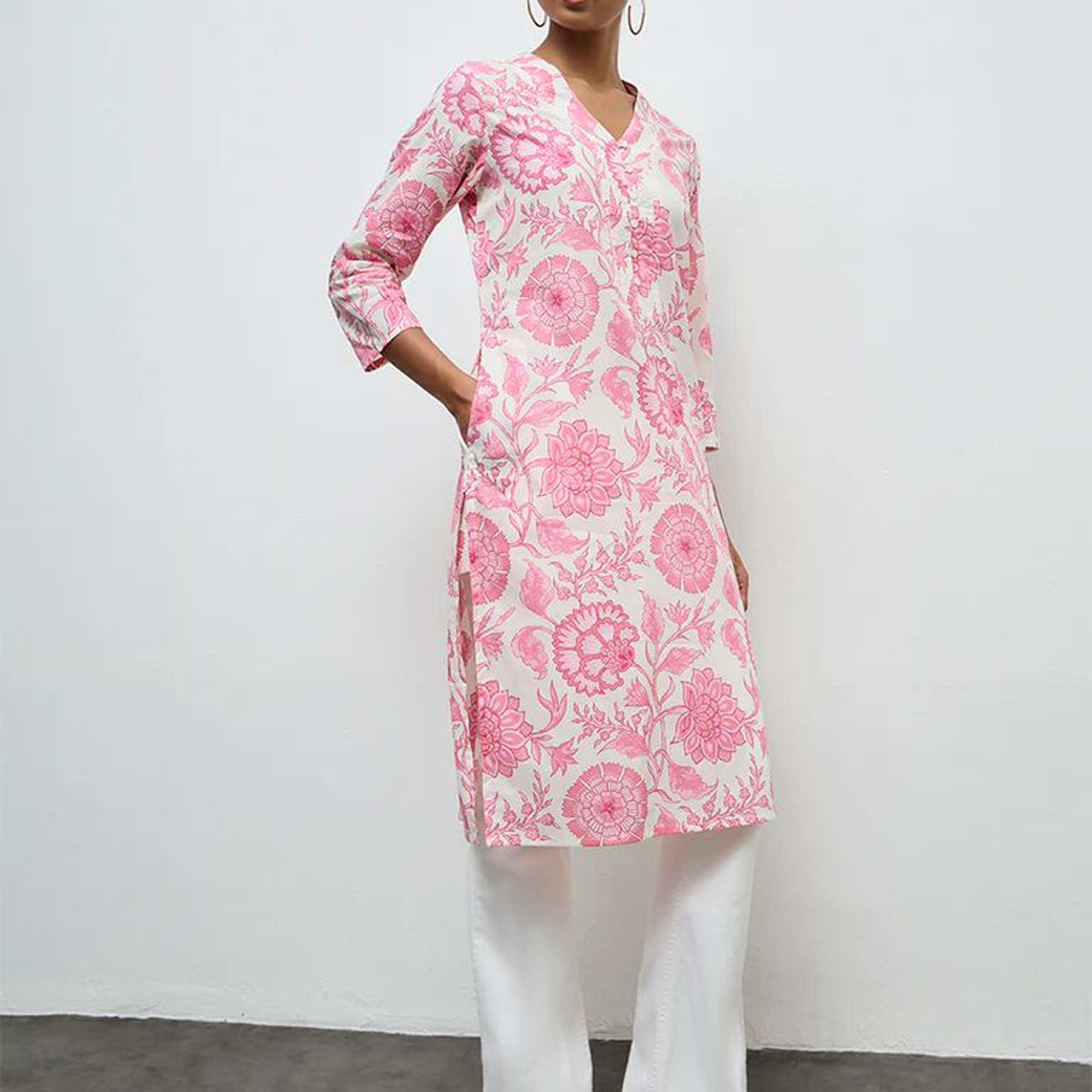 Utsa Pink Floral Printed Cotton Straight Kurta