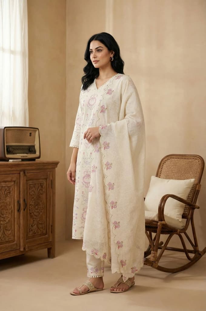 Off White Chikankari Pure Cotton Straight Kurta with Pants and Dupatta Set — photo 6