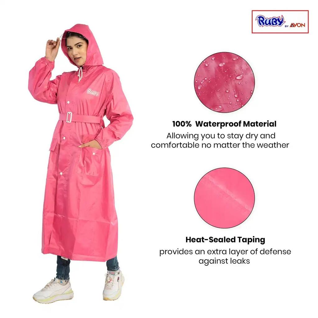 Fendo Ruby Women's Full-Length Waterproof Raincoat with Belt | Princess (Dark Pink) | XL