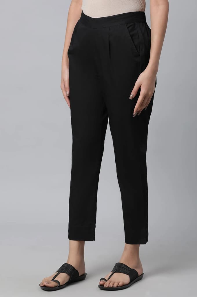 Black Solid Straight Fit Cotton Pants With Elasticated Waist — photo 2