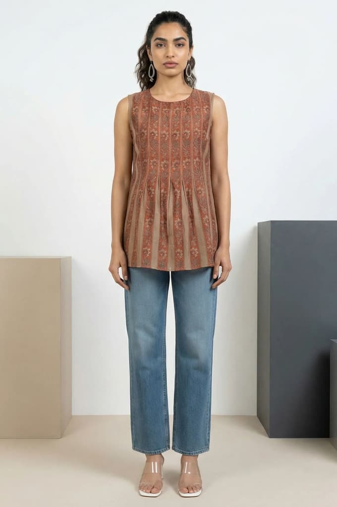 Rust Block Floral Printed Cotton Blend Pleated Sleeveless Top — photo 2