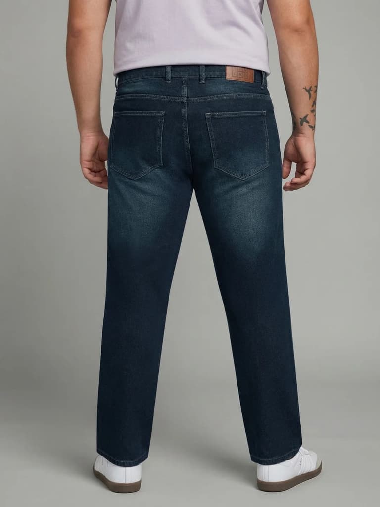 Plus Men's Dark Blue Relaxed Fit Washed Denim Jeans Non-Stretchable — photo 3