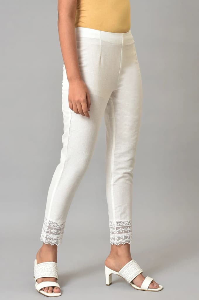 White Solid Cotton Flax Slim Pant with Embellished Hemline — photo 4