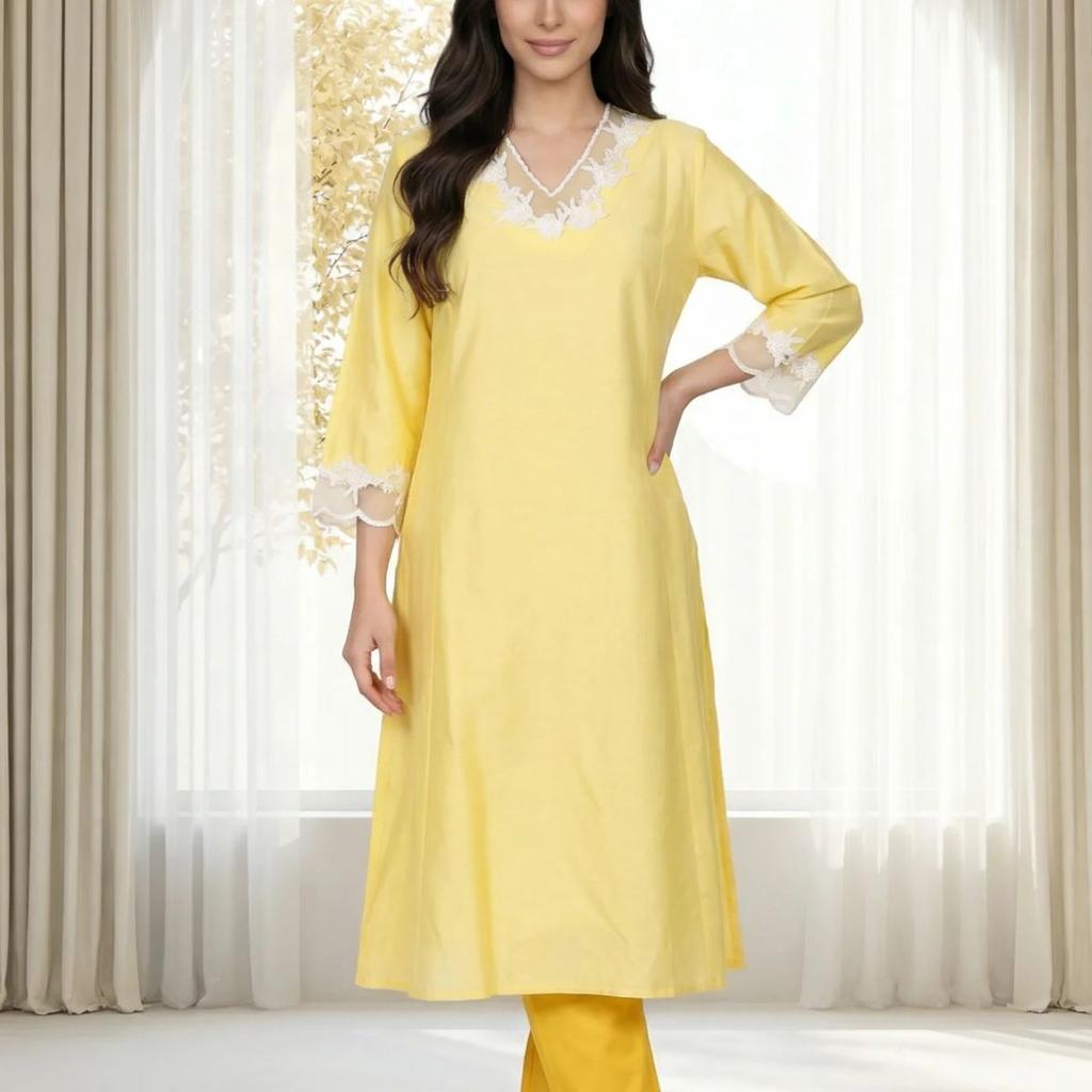 Yellow Applique Lace A-line Kurta