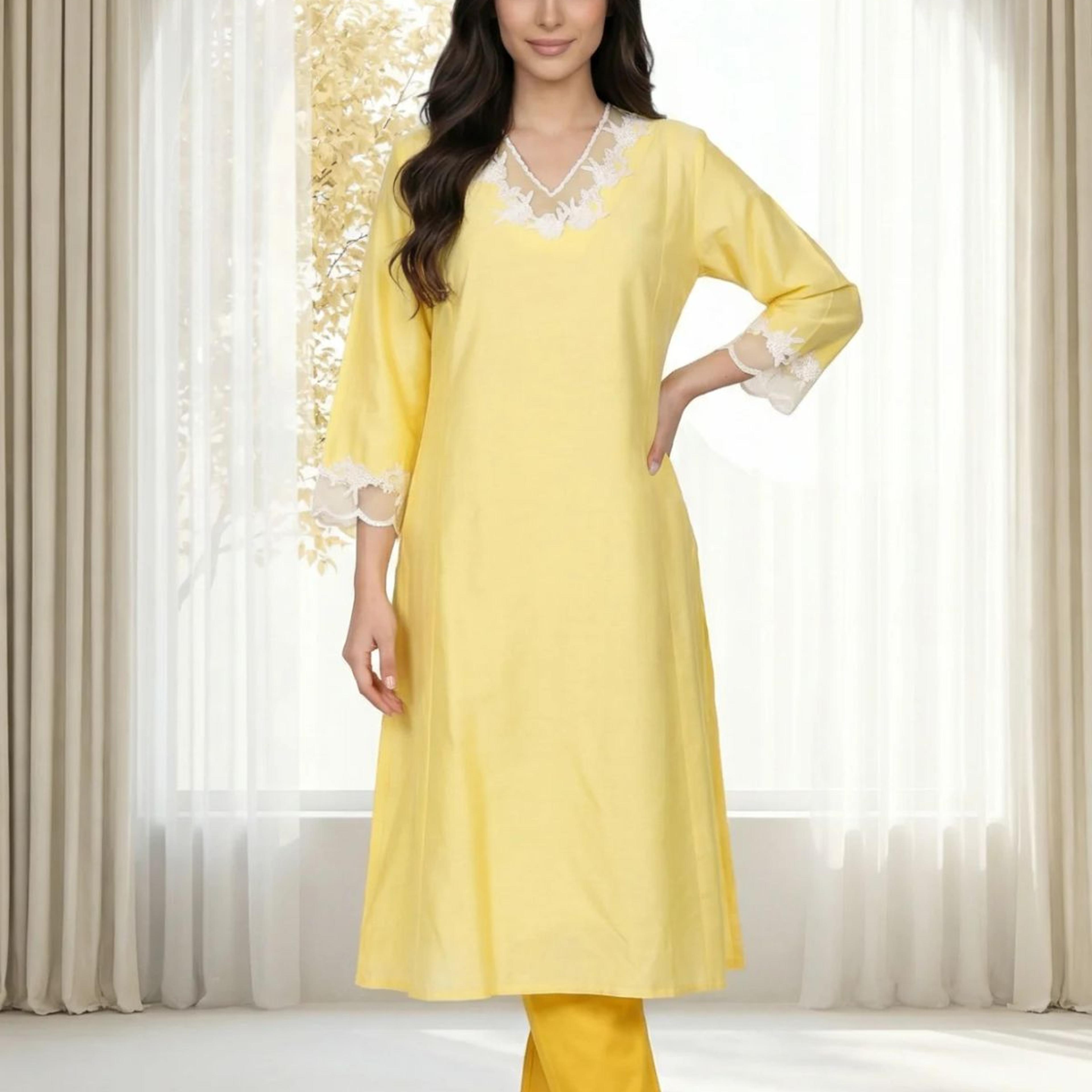 Yellow Applique Lace A-line Kurta