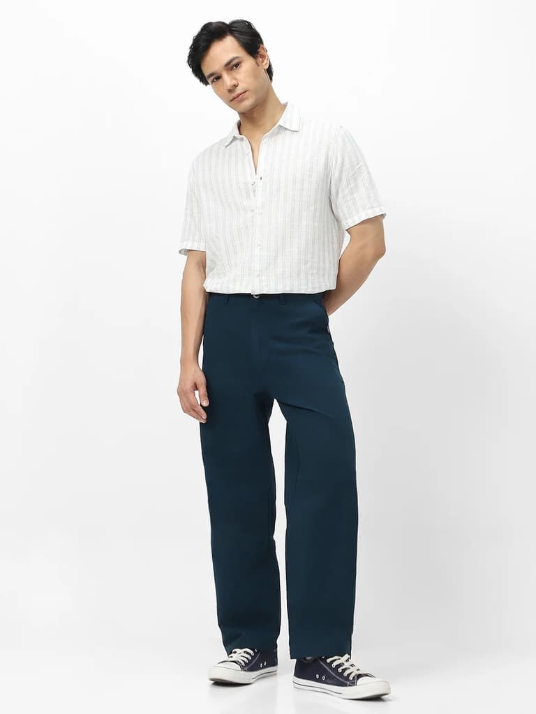 Men's Navy Loose Baggy Fit Solid Chino Trousers Non-Stretchable — photo 4