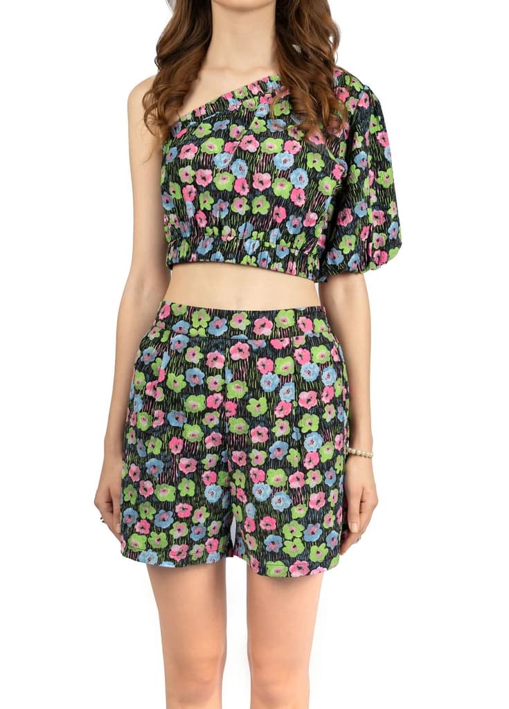 Multicolour Printed One-Shoulder Co-ord Set in Poly Spandex Dobby — photo 7