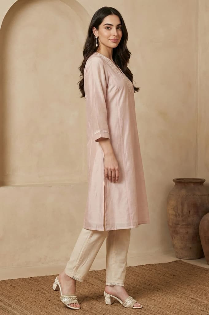 Peach Yarn Dyed Chikankari Embroidered Straight Kurta — photo 6