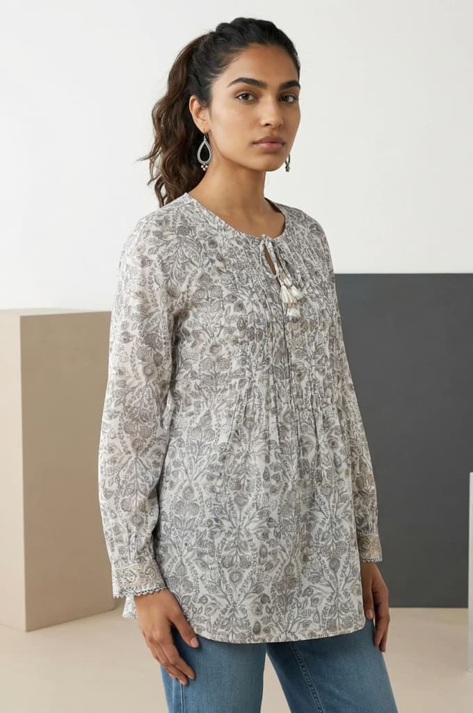 Off White Block Floral Printed Pure Cotton Flared Top — photo 5