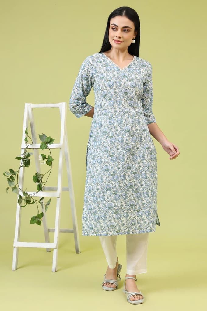 White and Blue Geometric Printed Pure Cotton Straight Kurta with Lace Detail — photo 2