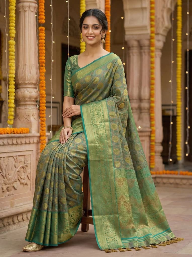 MIMOSA Women's Woven Design Kanjivaram Style Art Silk Saree with Blouse Piece - Rama ( SA00003146RMFREE ) — photo 4