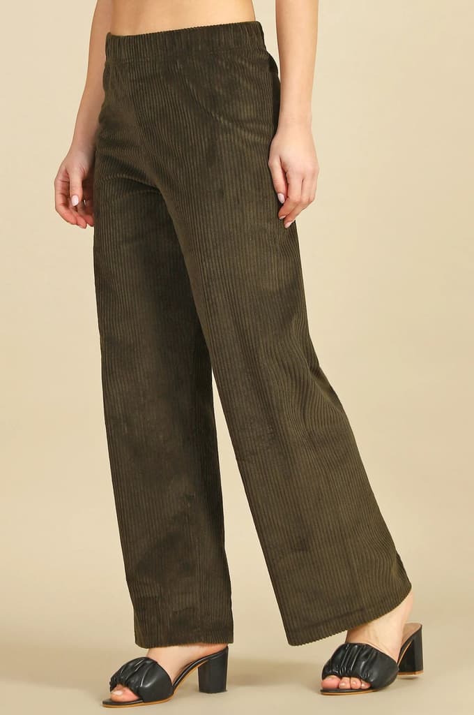 Dark Green Solid Straight Fit Cotton Pants — photo 4