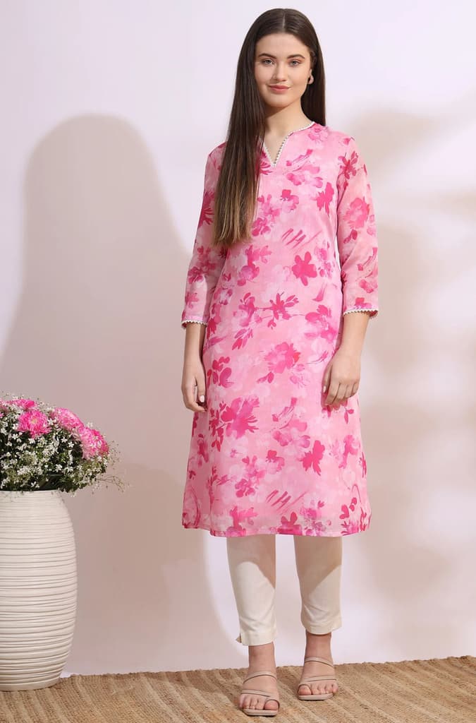 Pink Bold Floral Printed Pure Cotton Straight Kurta with Lace — photo 2