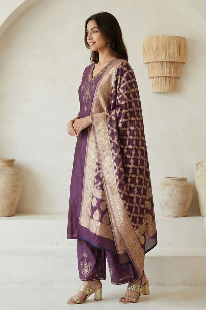 Purple Embroidered Zari Work Silk Blend Straight Kurta with Parallel Pants and Dupatta Set — photo 3