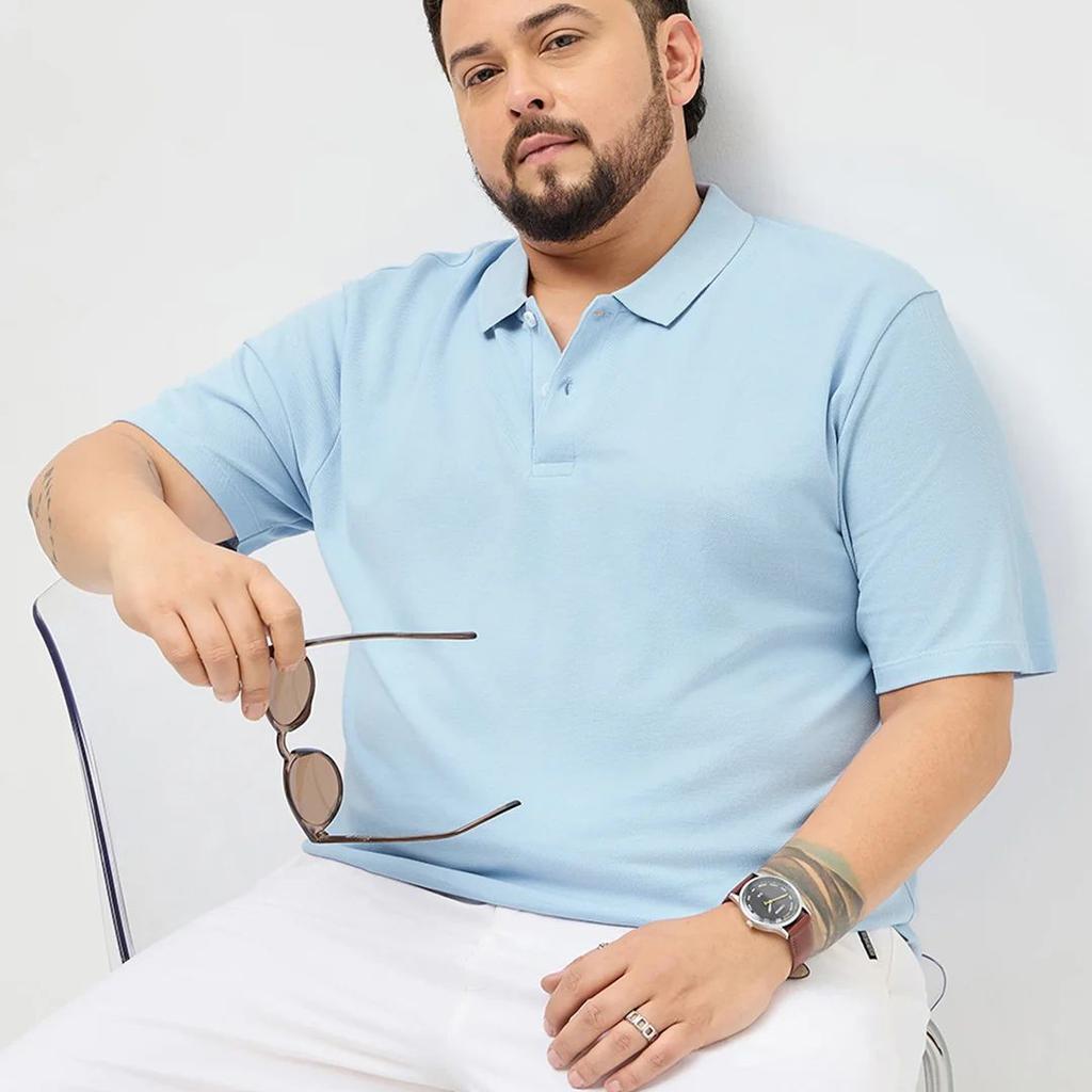 Plus Men's Light Sky Blue Solid Regular Fit Half Sleeve Cotton Polo T-Shirt
