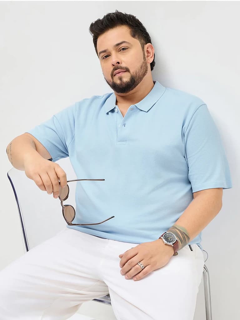 Plus Men's Light Sky Blue Solid Regular Fit Half Sleeve Cotton Polo T-Shirt — 2XL / Light Sky Blue
