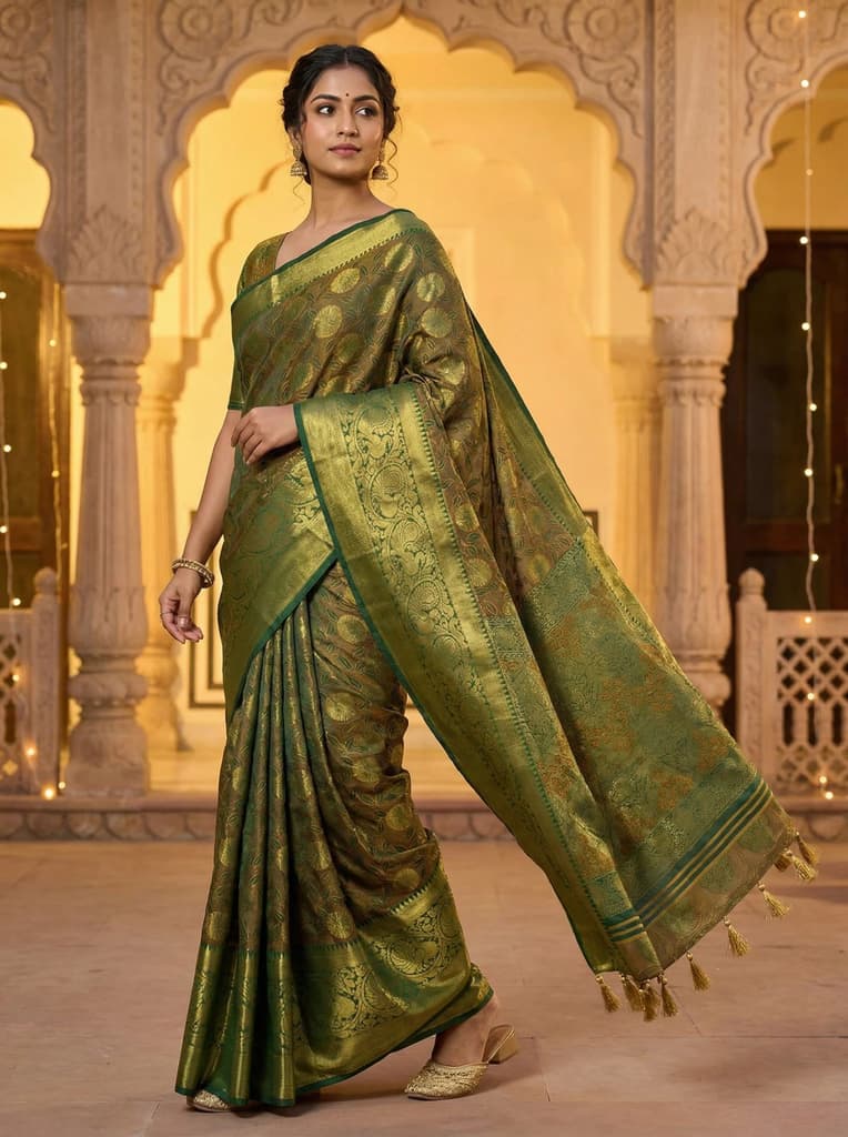 MIMOSA Women's Woven Design Kanjivaram Style Art Silk Saree with Blouse Piece - Green ( SA00003146GRNFREE ) — Default Title