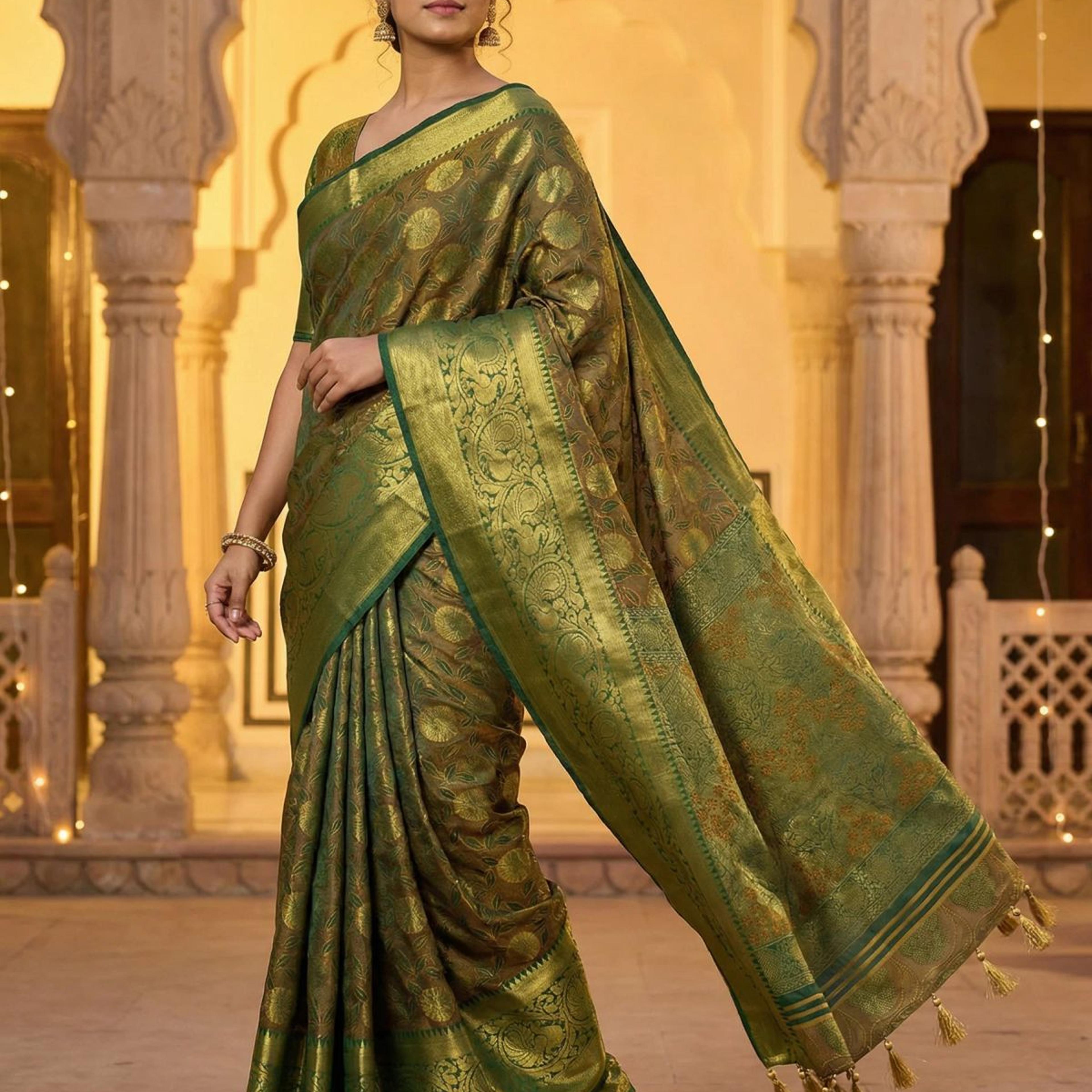 MIMOSA Women's Woven Design Kanjivaram Style Art Silk Saree with Blouse Piece - Green ( SA00003146GRNFREE )