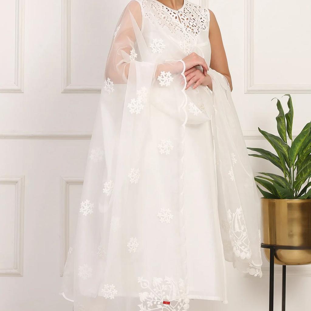 White Solid Embroidered Straight Pure Cotton Kurta, Straight Pant and Dupatta Set