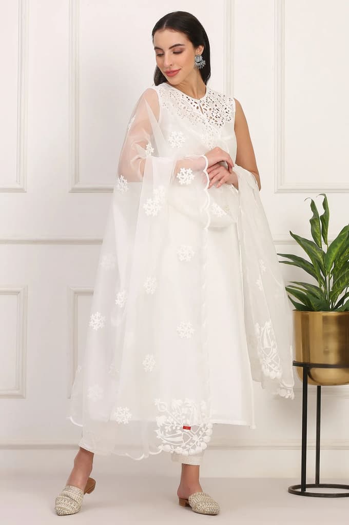 White Solid Embroidered Straight Pure Cotton Kurta, Straight Pant and Dupatta Set — XS