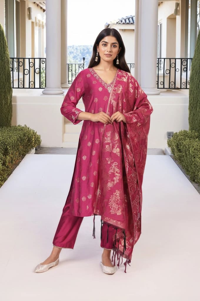 Magenta Embroidered Jacquard A-Line Kurta with Straight Pant and Dupatta Set — photo 2