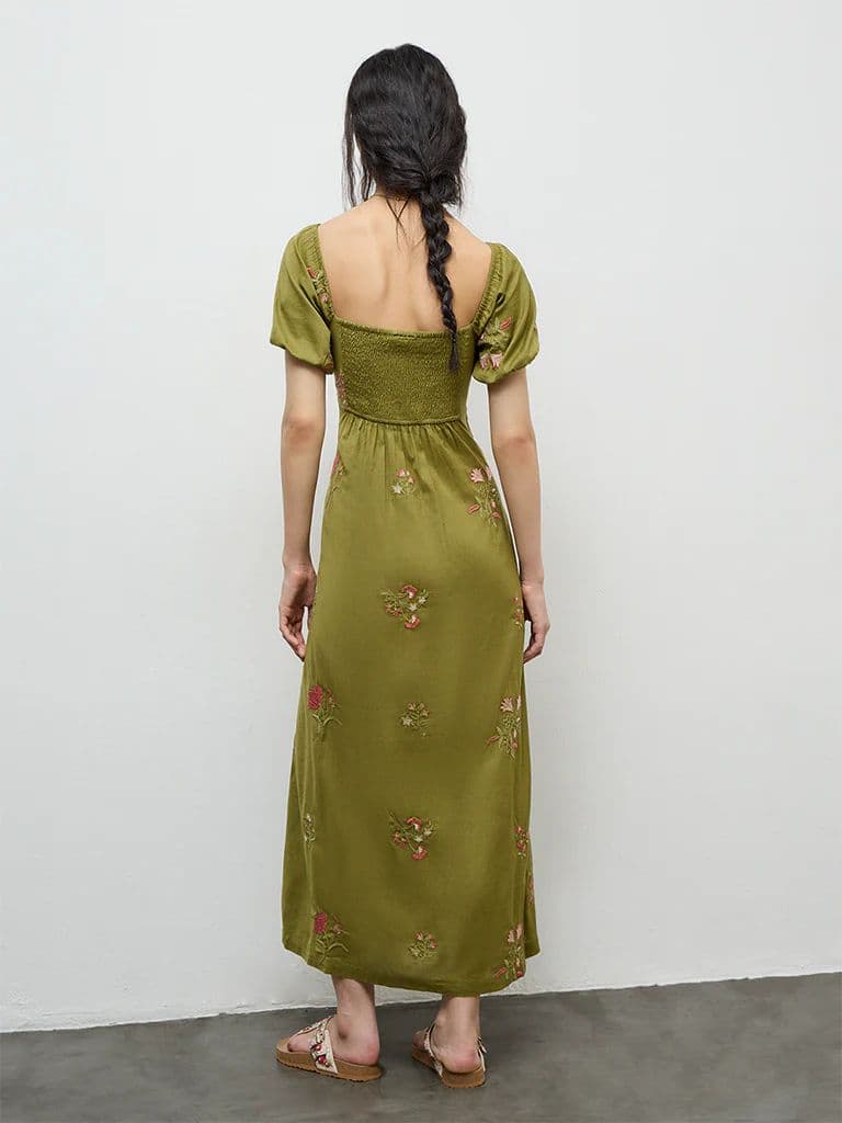 Bombay Paisley Olive Embroidered Cotton-Blend A-Line Dress — photo 4