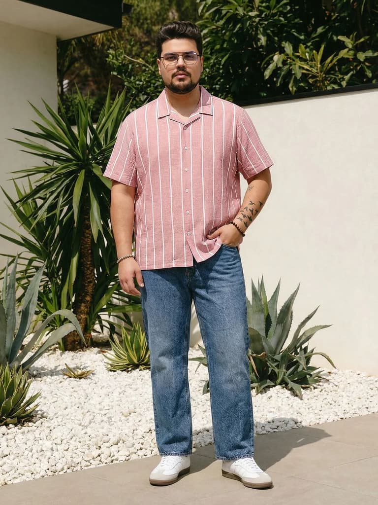 Plus Men's Pink Cotton Half Sleeve Relaxed Fit Linen Striped Shirt with Cuban Collar — photo 4