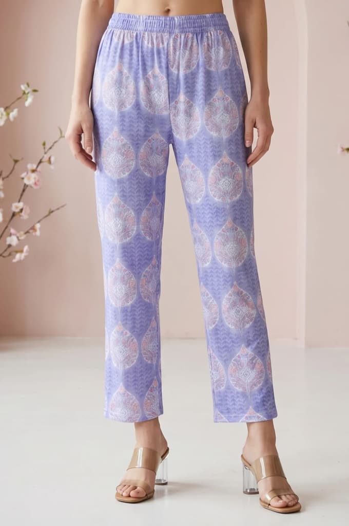 lavender Floral Printed Pure Cotton Straight Fit Pants — XS