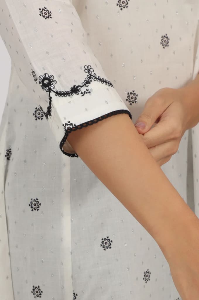 White Printed Cotton Lurex Dobby Flared Kurta with Embroidered Yoke — photo 8